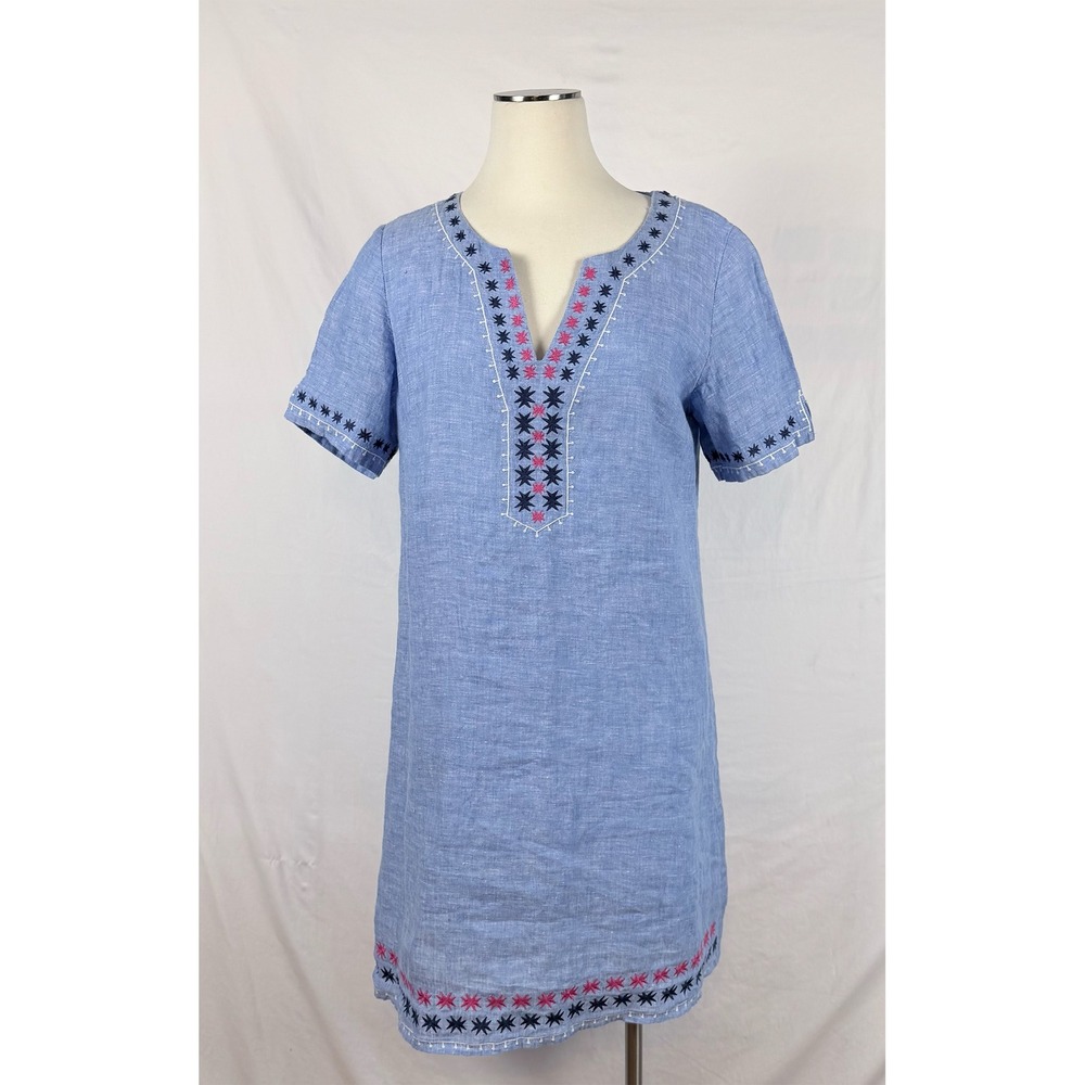 HIHO Blue Linen Embroidered Shift Dress L Lagenlook Summer Beach Country Cottage